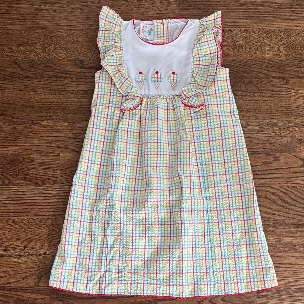 Girls Primary Plaid Ruffle Embroidered Sundress with Ice Cream Embroidery